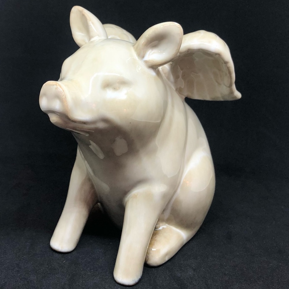 Flying Pig with Wings 6" Figurine Beige Glazed Ceramic Farmhouse Animal Decor